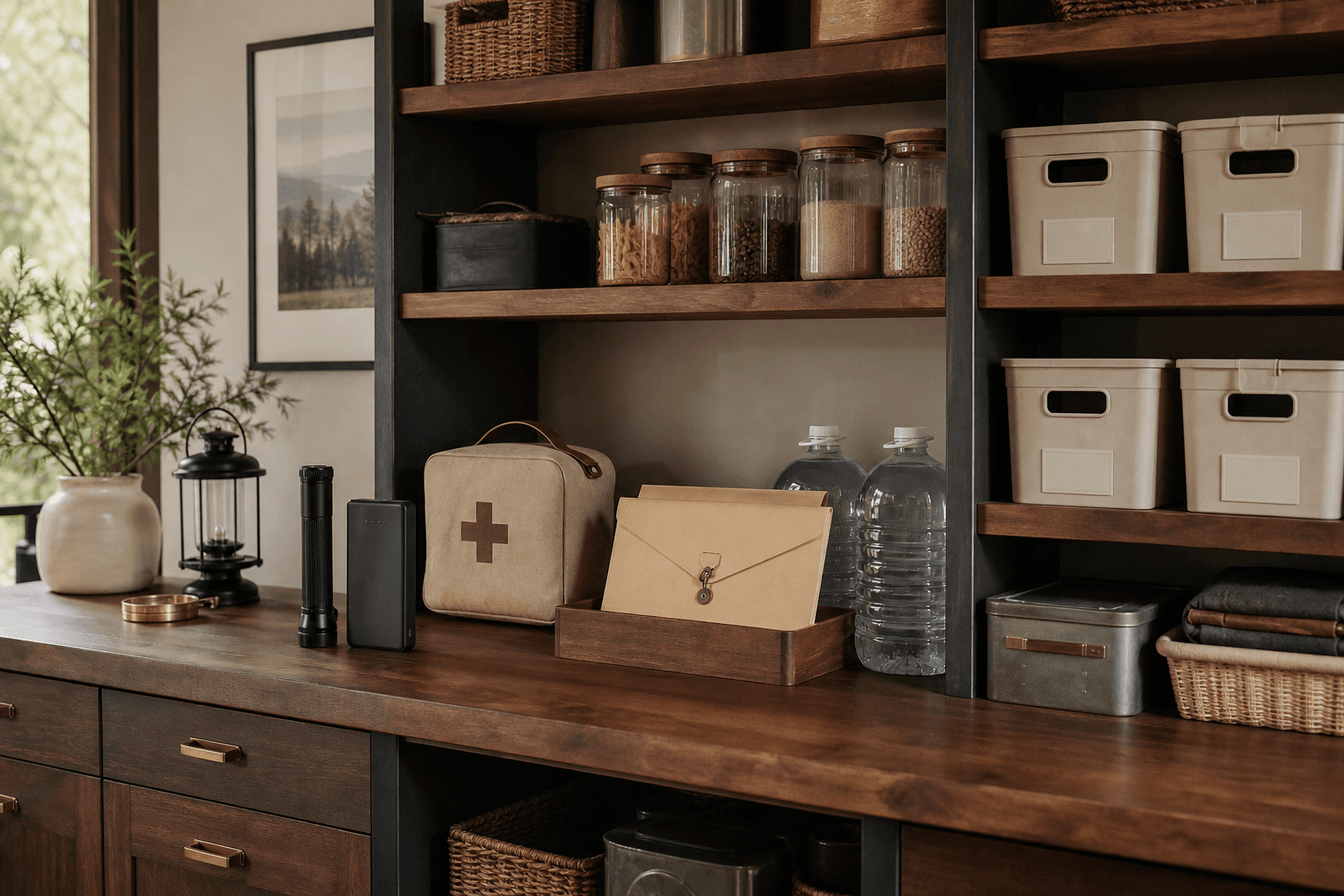 Organized preparedness shelf with water, dry goods, power, first-aid, and document reserves